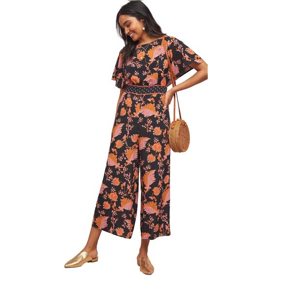 MAEVE Anthropologie Botanical Floral Black Belted Flutter Sleeve Jumpsuit Size L - Picture 1 of 12